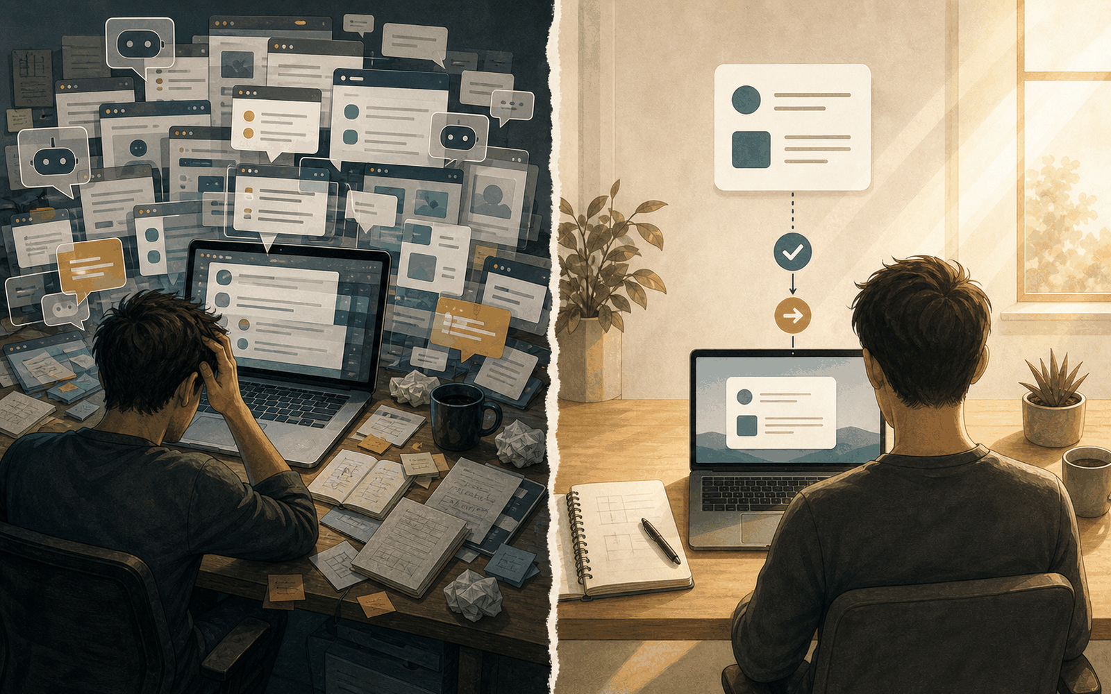 AI overload versus focused AI workflow illustration.