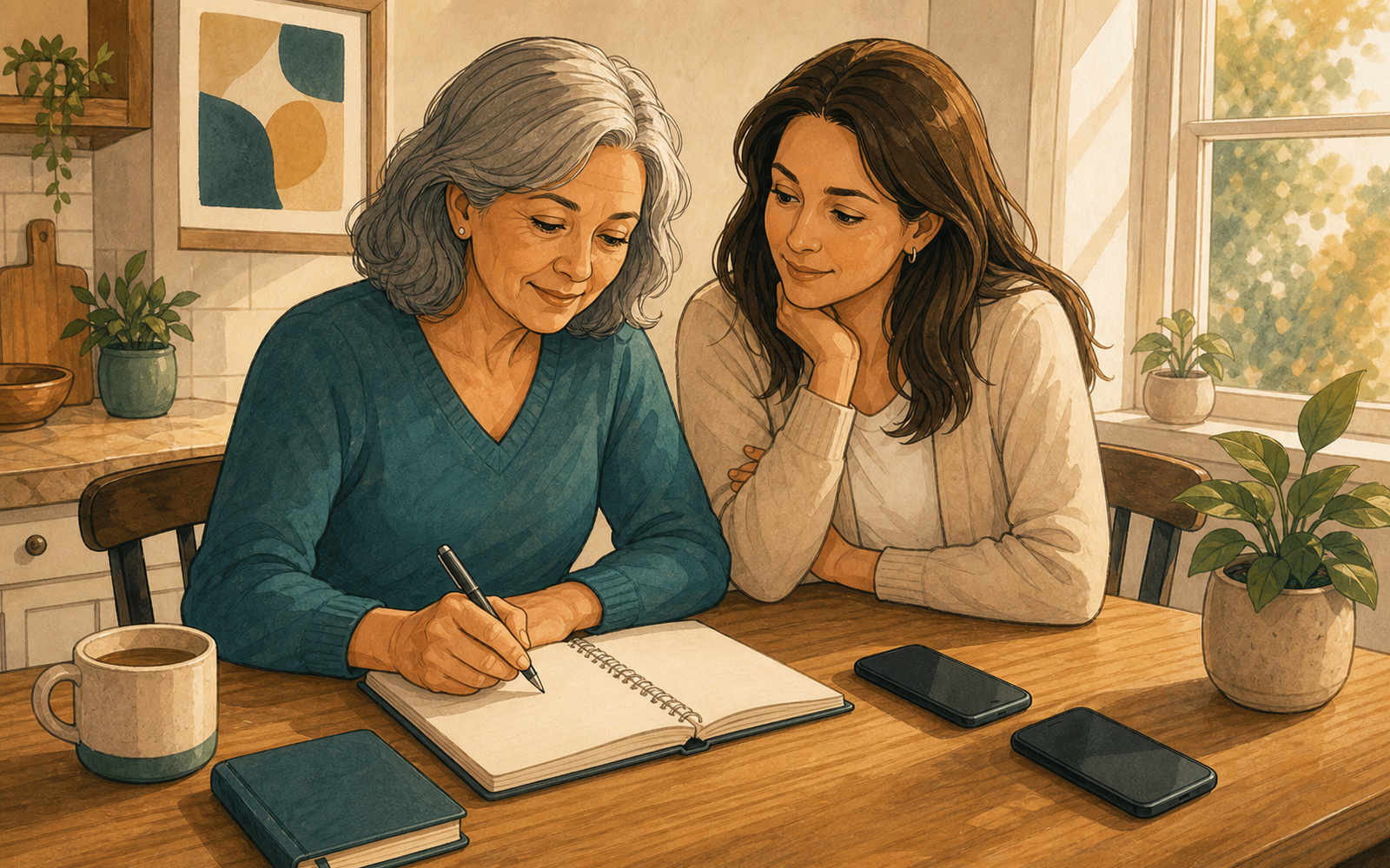 Family calmly building a verification plan at a table.