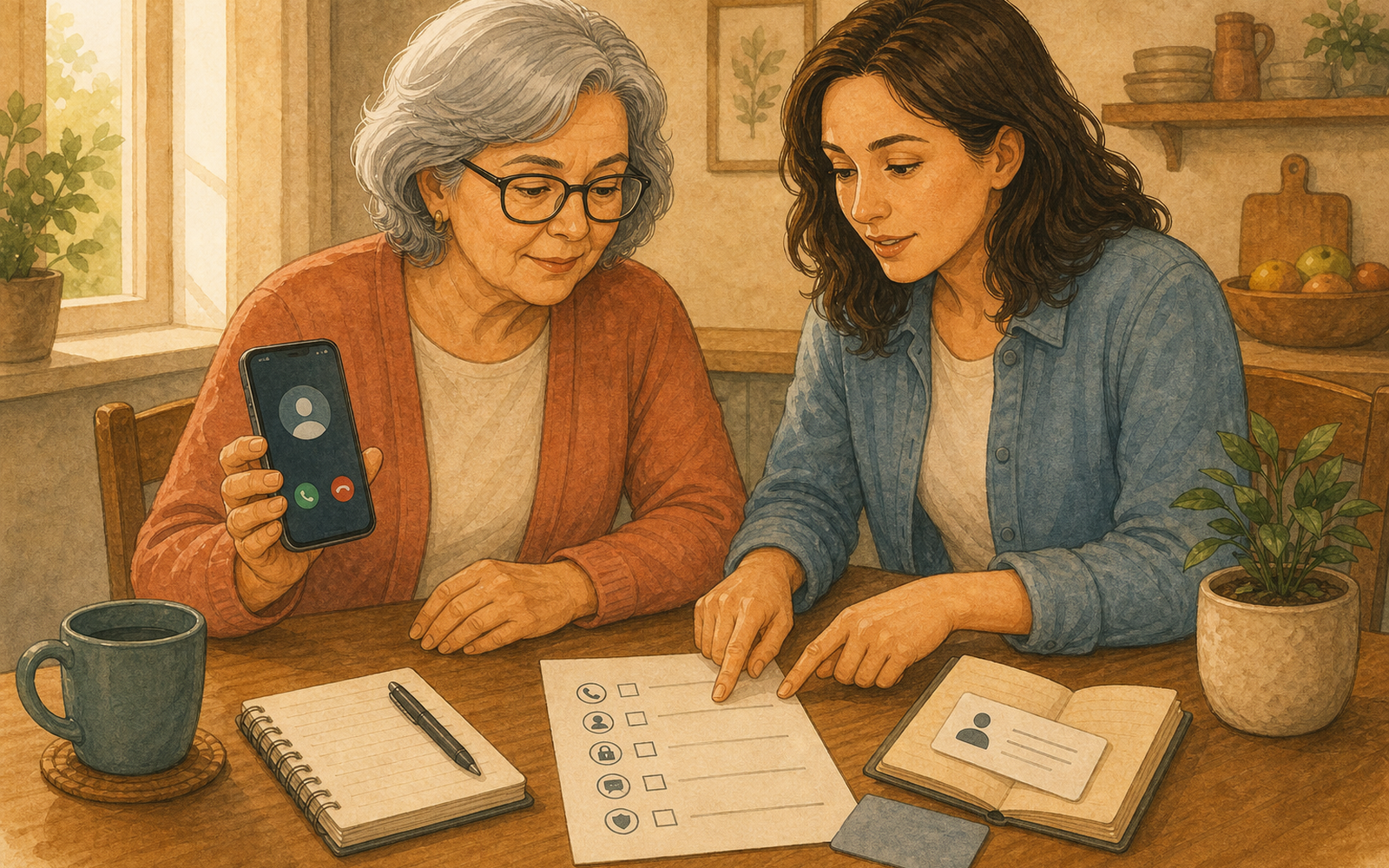 Family reviewing phone and account safety together.