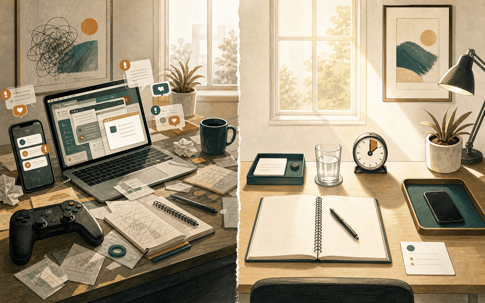 Before and after focus block setup illustration.